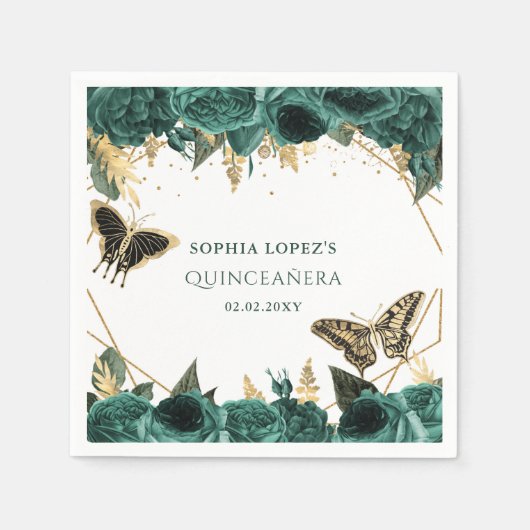 Serviette En Papier Emerald Green Or Floral Elegant Quinceanera (Devant)