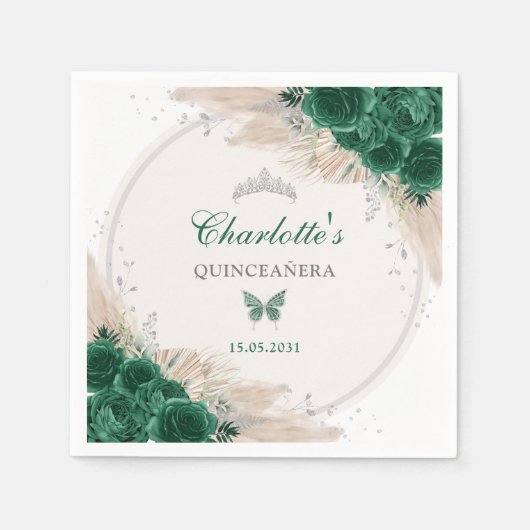 Serviette En Papier Emerald Green Silver Quinceanera Miss Quince 15 (Devant)