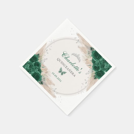 Serviette En Papier Emerald Green Silver Quinceanera Miss Quince 15 (Coin)