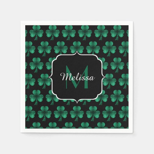 Serviette En Papier Emerald Green Sparkle Shamrock noir Monogramme (Devant)