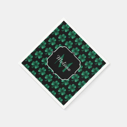 Serviette En Papier Emerald Green Sparkle Shamrock noir Monogramme (Coin)