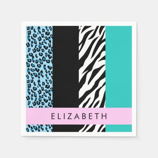 Serviette En Papier Empreinte de léopard, Zebra Print, Bleu, Votre nom (Devant)