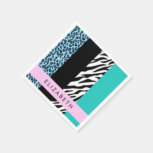 Serviette En Papier Empreinte de léopard, Zebra Print, Bleu, Votre nom (Coin)