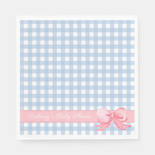 Serviette En Papier En vichy bleu avec Baby shower à cou rose (Devant)