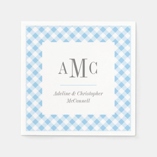Serviette En Papier En vichy bleu pâle Monogramme et nom (Devant)