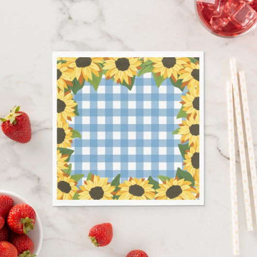 Serviette En Papier En vichy bleu rustique et tournesols (En situation)