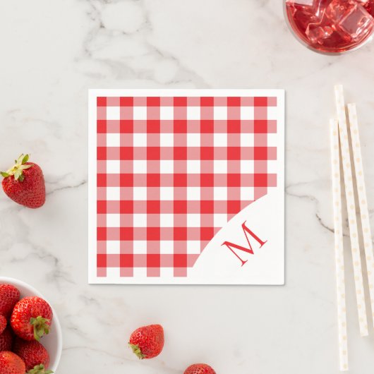 Serviette En Papier En vichy Monogramme Rouge Et Blanc (En situation)