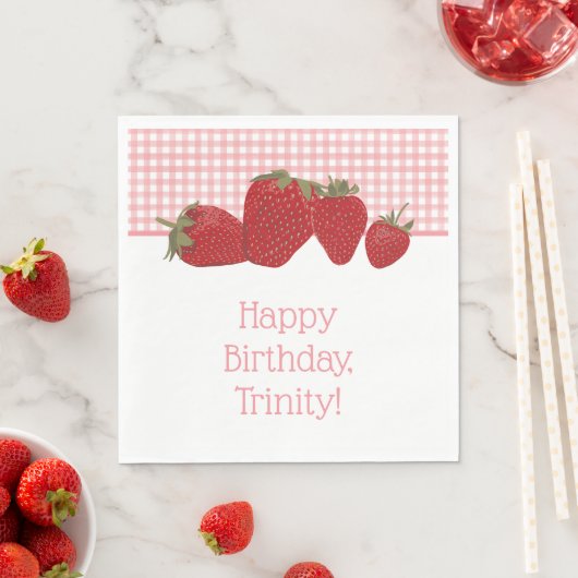 Serviette En Papier En vichy roses et fraises rouges (En situation)