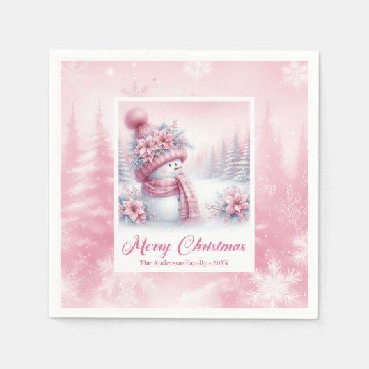 Serviette En Papier Enchanting Pink Snowman Christmas Scene Napkins (Devant)