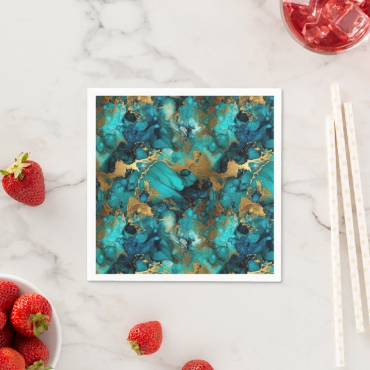 Serviette En Papier Encre d'alcool turquoise et or (En situation)