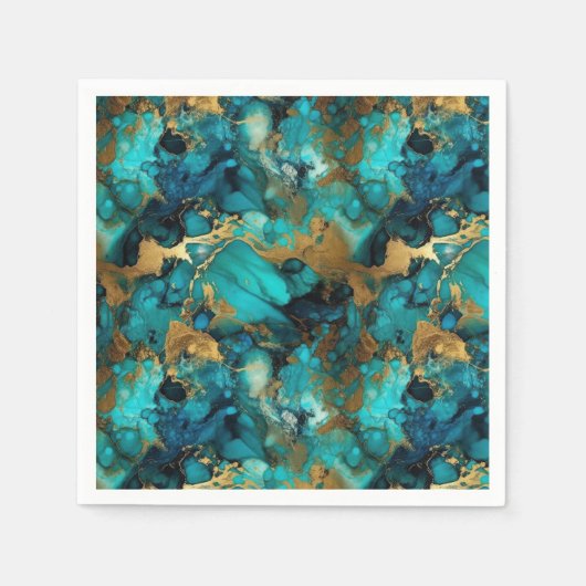 Serviette En Papier Encre d'alcool turquoise et or (Devant)
