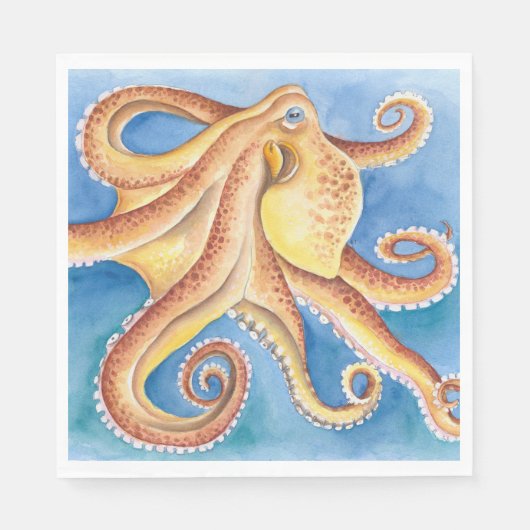 Serviette En Papier Encre d'aquarelle rouge orange octopus (Devant)