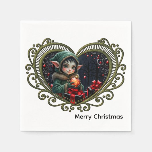 Serviette En Papier Enfant Elfe mignon en manteau à capuchon vert (Devant)