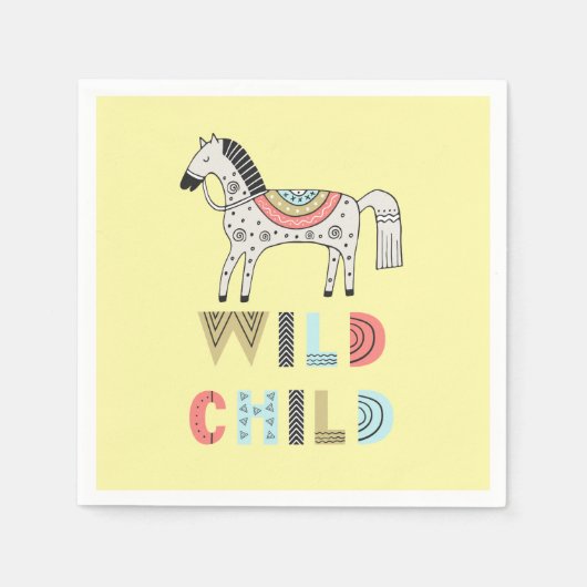 Serviette En Papier Enfant sauvage Cheval Scandinave Pastel Jaune (Devant)