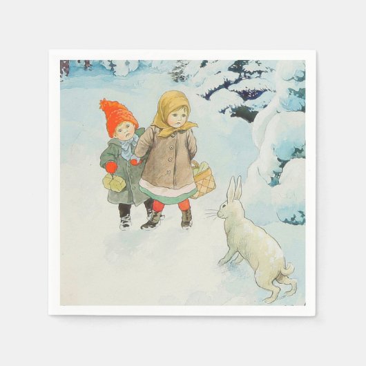 Serviette En Papier Enfants avec du lièvre en hiver - Noël (Devant)