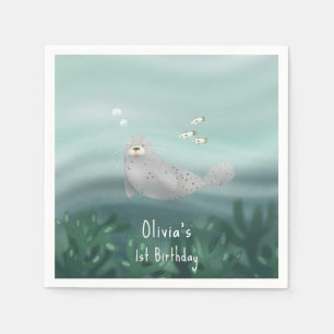 Serviette En Papier Enfants Cute Blue Ocean Seal 1er anniversaire