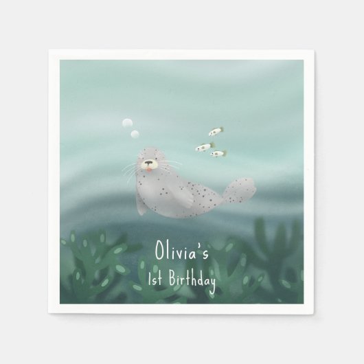 Serviette En Papier Enfants Cute Blue Ocean Seal 1er anniversaire (Devant)