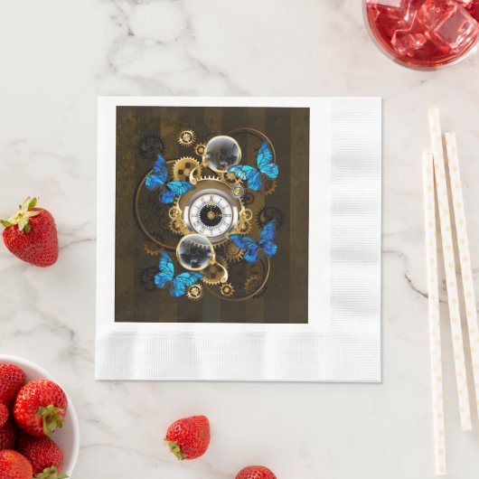 Serviette En Papier Engrenages à vapeur et papillons bleus (En situation)