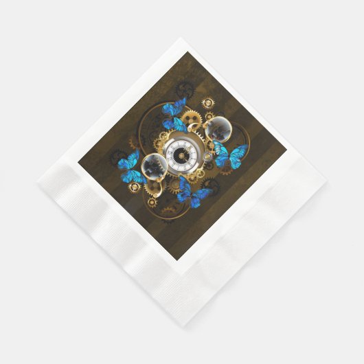 Serviette En Papier Engrenages à vapeur et papillons bleus (Coin)