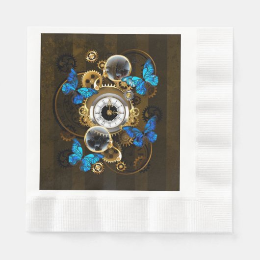 Serviette En Papier Engrenages à vapeur et papillons bleus (Devant)
