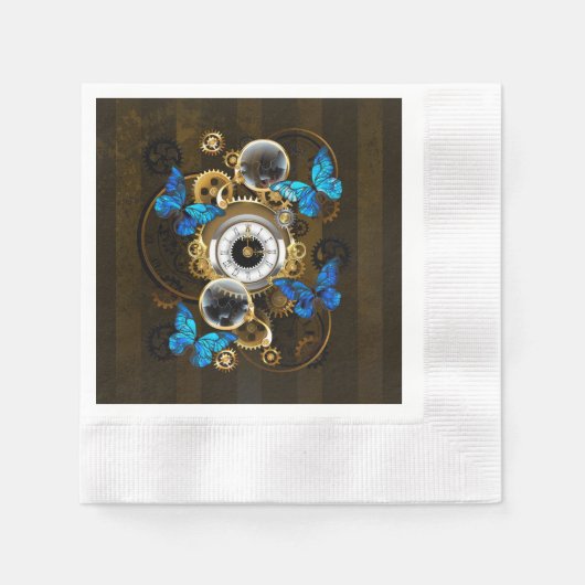 Serviette En Papier Engrenages à vapeur et papillons bleus (Devant)