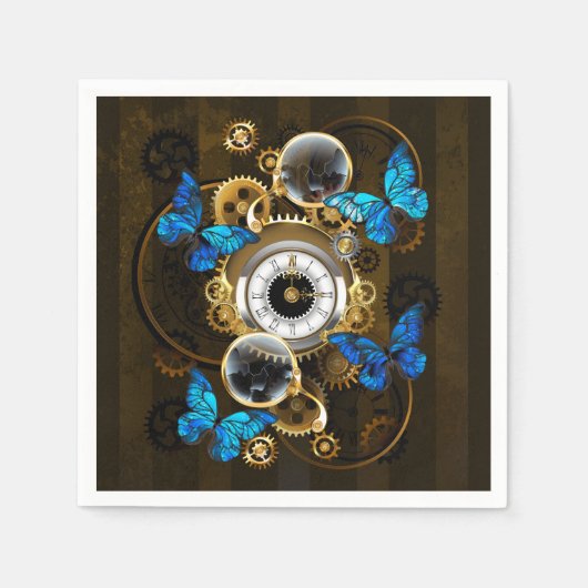 Serviette En Papier Engrenages à vapeur et papillons bleus (Devant)