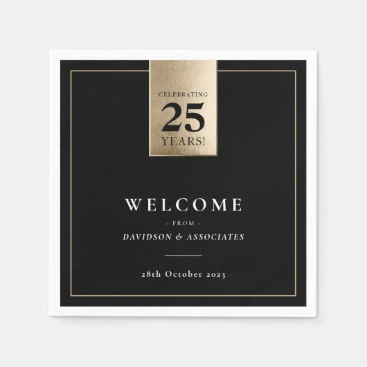 Serviette En Papier ENTREPRISE ANNIVERSAIRE affaires noir blanc or (Devant)