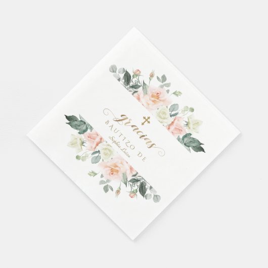 Serviette En Papier Espagnol Blush Fleurs blanches Gold Girl Bautizo (Coin)