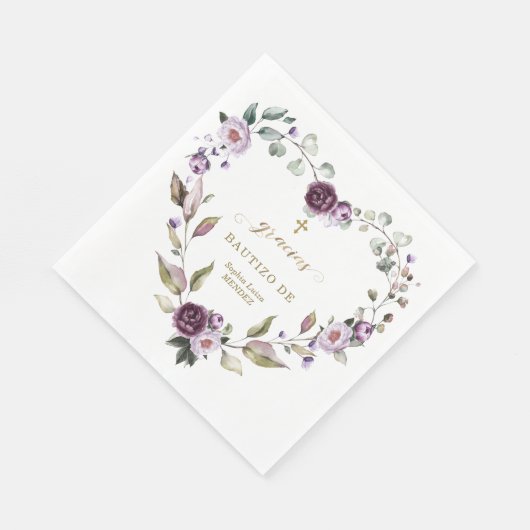 Serviette En Papier Espagnol Fleurs rose violet or fille Bautizo (Coin)