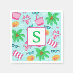 Serviette En Papier Essentiels de plage preppy Monogramme bleu clair