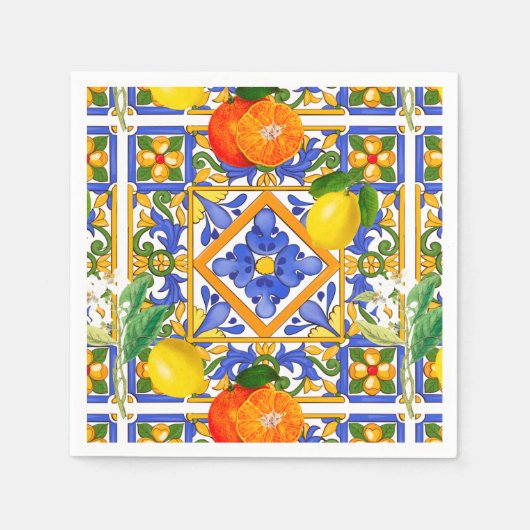 Serviette En Papier Été, Carreaux siciliens, agrumes, oranges, majolic (Devant)