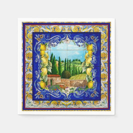 Serviette En Papier été italien Majolica carreaux bleu citrus (Devant)