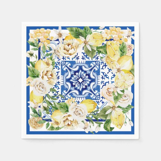 Serviette En Papier Été Méditerrannée citron et fleurs imprimés (Devant)