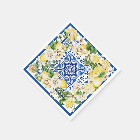 Serviette En Papier Été Méditerrannée citron et fleurs imprimés (Coin)