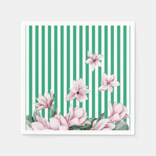 Serviette En Papier Été, printemps, imprimé magnolia rayé vert (Devant)