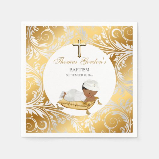 Serviette En Papier Ethnic Baby Boy Christening Baptême Or Argent (Devant)
