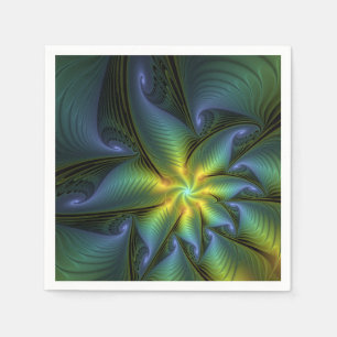 Serviette En Papier Étoile abstraite, art fractal doré vert bleu brill