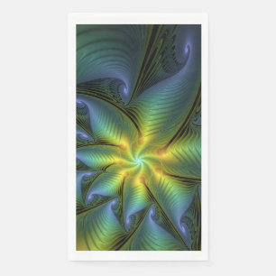Serviette En Papier Etoile Abstraite, Bleu brillant Vert Or Fractal Ar