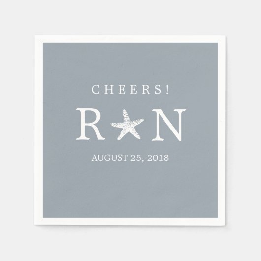 Serviette En Papier Étoile de mer Monogramme Gris Argent | Mariage (Devant)