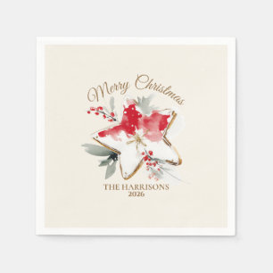Serviette En Papier Étoile de Noël à l'aquarelle rouge et blanc