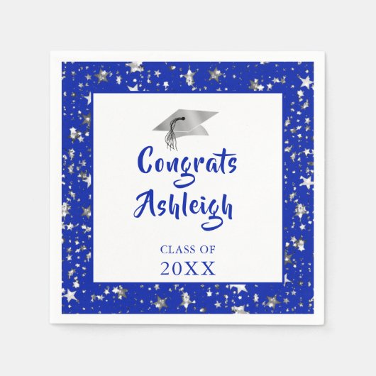 Serviette En Papier Étoiles de graduation Brush Script Royal Blue (Devant)