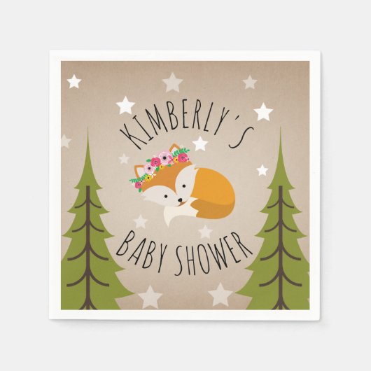 Serviette En Papier Étoiles de renards dorés + Arbres Baby shower Flor (Devant)