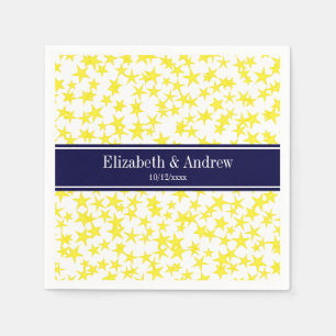 Serviette En Papier Etoiles Jaunes Blanc BG, Nom bleu marine Monogramm