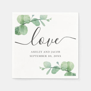 Serviette En Papier Eucalyptus aquarelle. Écriture élégante de mariage
