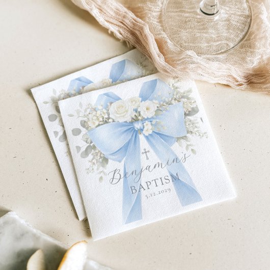 Serviette En Papier Eucalyptus Blue Bow Baby Boy Baptism
