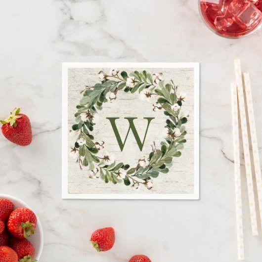 Serviette En Papier Eucalyptus & Cotton Birch Wreath Monogramme (En situation)