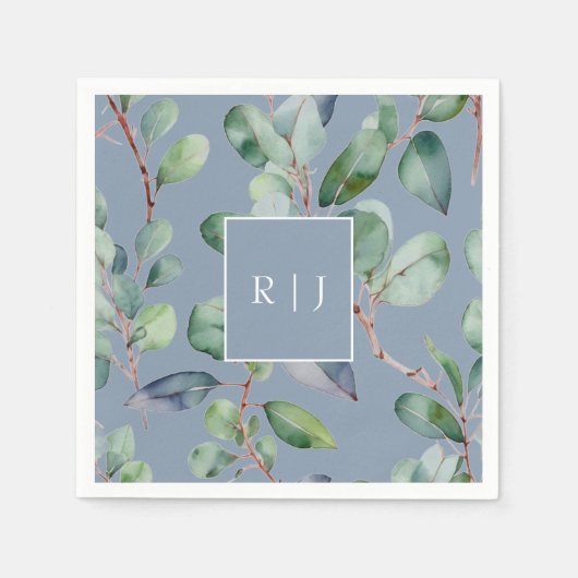Serviette En Papier Eucalyptus Dusty Blue Monogram Mariage (Devant)