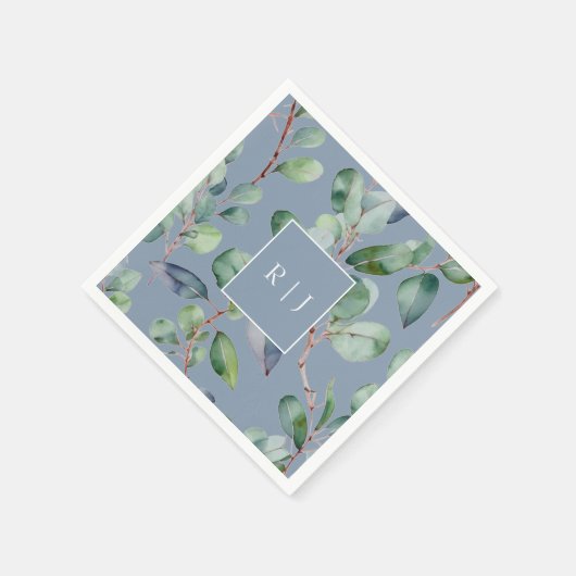 Serviette En Papier Eucalyptus Dusty Blue Monogram Mariage (Coin)