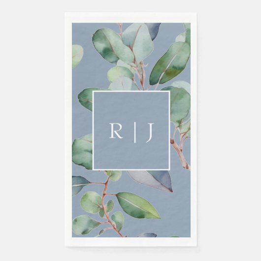 Serviette En Papier Eucalyptus Dusty Blue Monogram Mariage (Devant)
