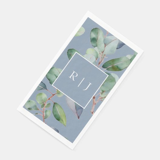 Serviette En Papier Eucalyptus Dusty Blue Monogram Mariage (Coin)